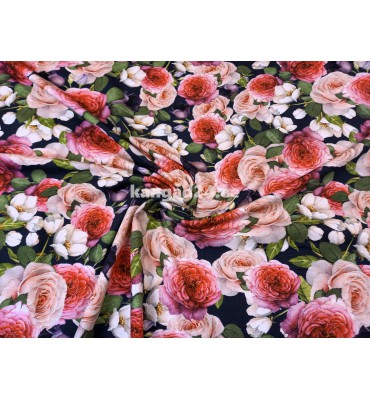 Mustriline trikotaaž lilled sinakas-mustal taustal